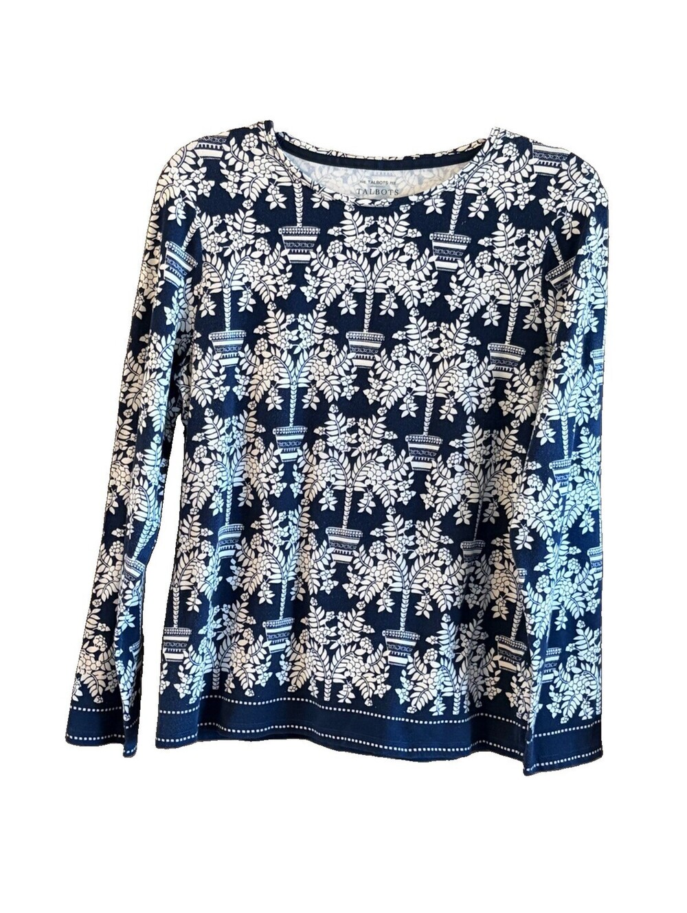 The Talbots Tee L Cotton/Spandex Navy&White Print Potted Trees